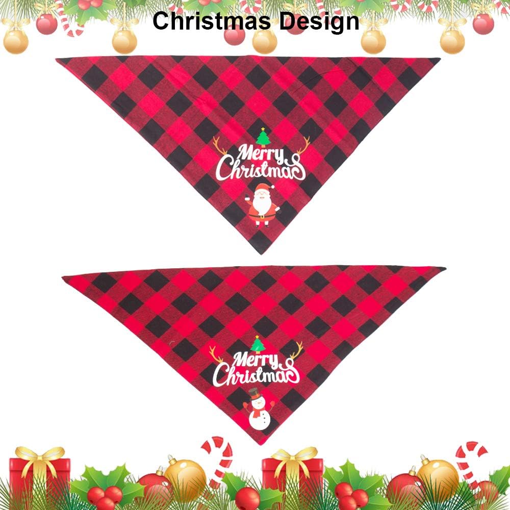 2-Pack Christmas Dog Bandanas | Classic Red Plaid Pet Scarf with Merry Christmas, Santa & Snowman Design