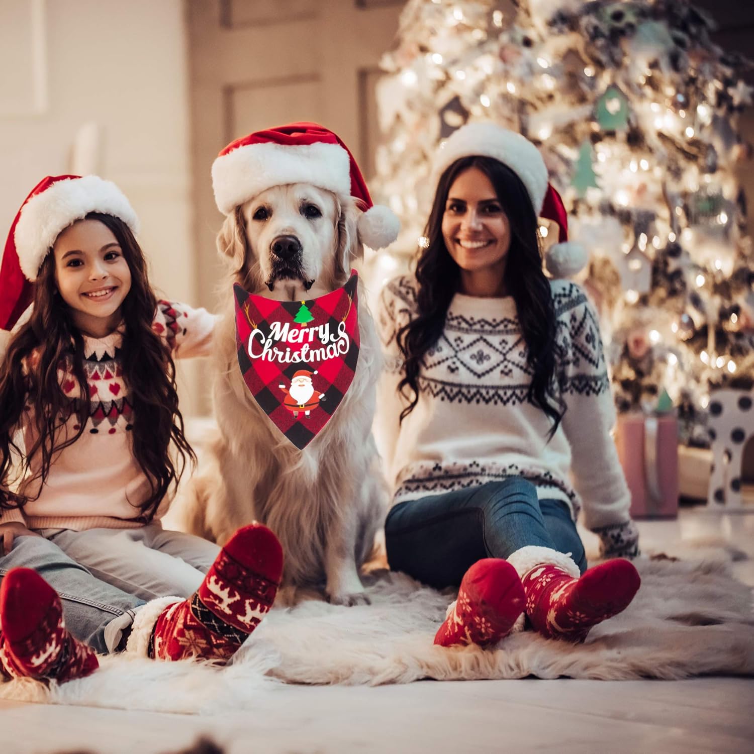 2-Pack Christmas Dog Bandanas | Classic Red Plaid Pet Scarf with Merry Christmas, Santa & Snowman Design